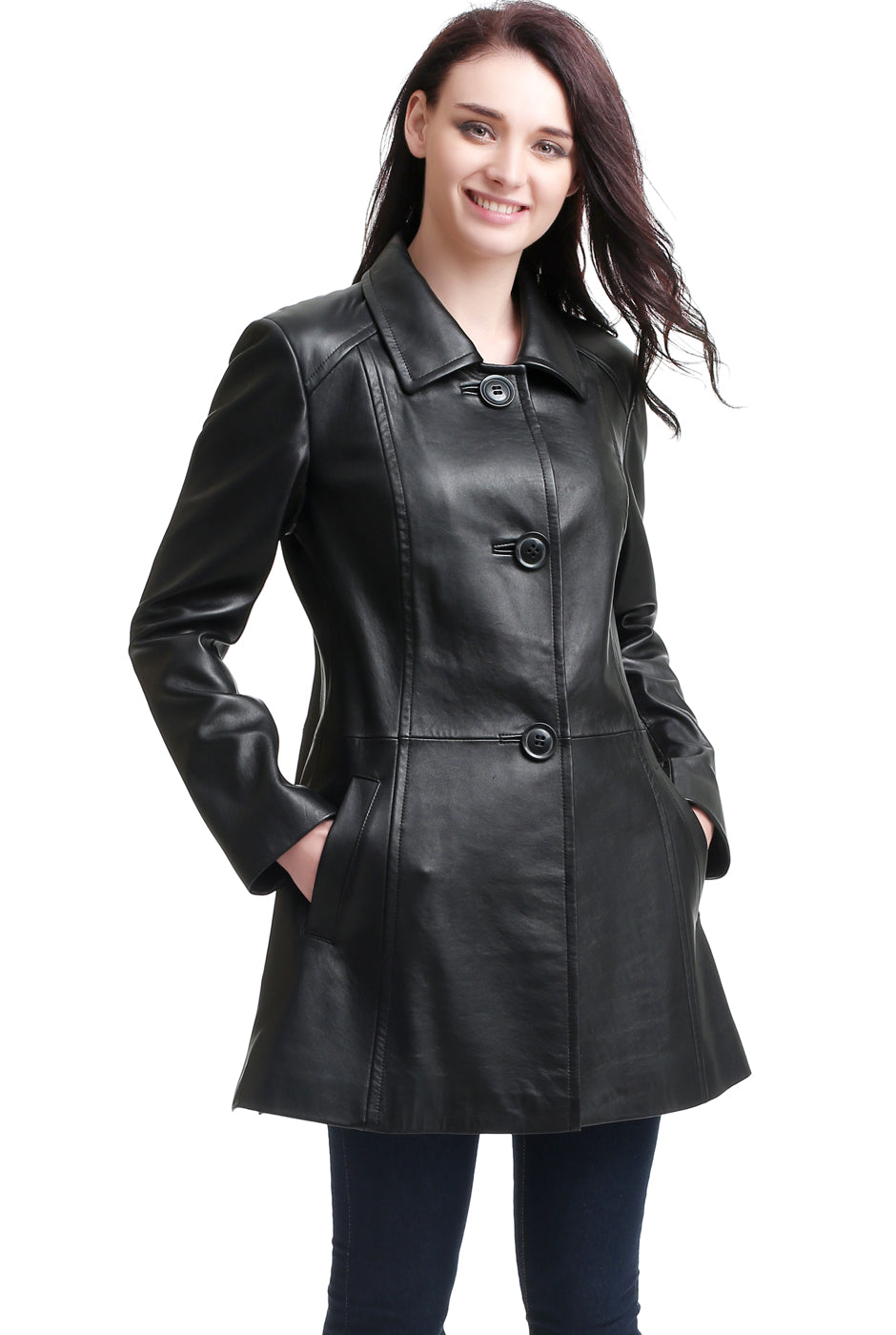 BGSD Women Sarah New Zealand Lambskin Leather A-Line Coat