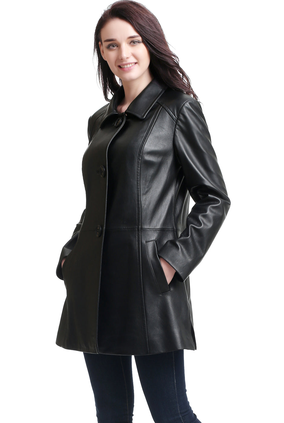 BGSD Women Sarah New Zealand Lambskin Leather A-Line Coat