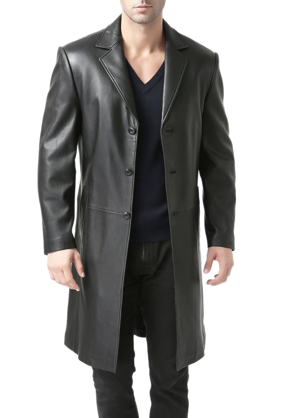 BGSD Men Classic New Zealand Lambskin Leather Long Walking Coat