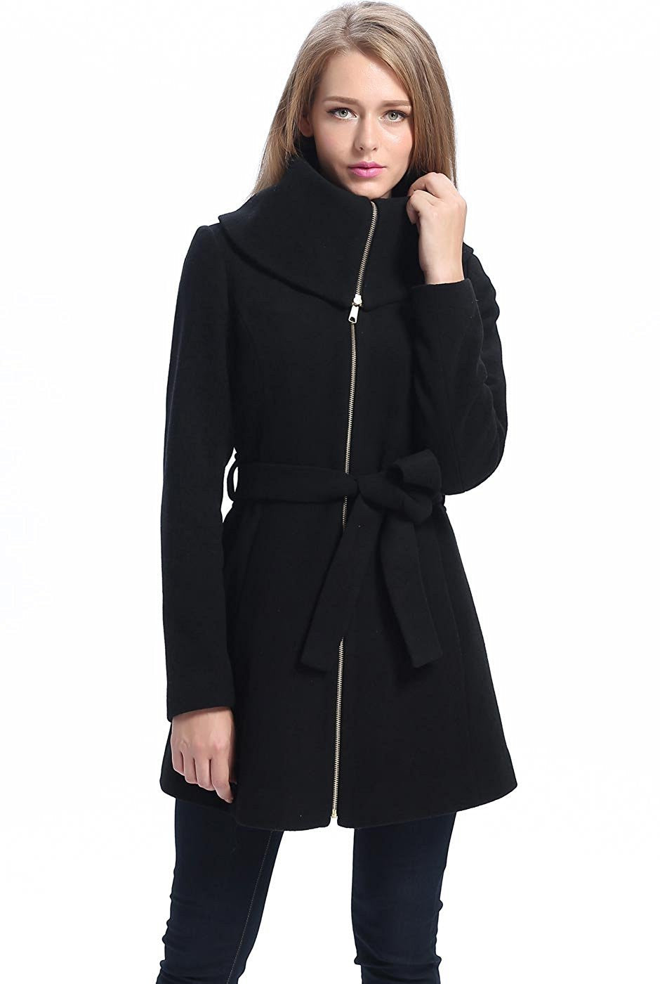 BGSD Women Robin Wool Fold Collar Coat Large Black