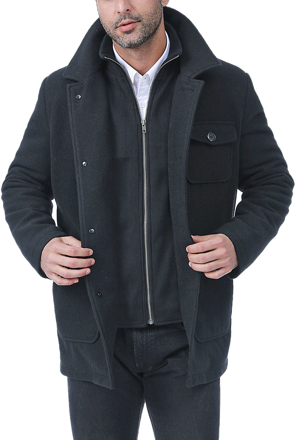 Mens wool coat with bib clearance