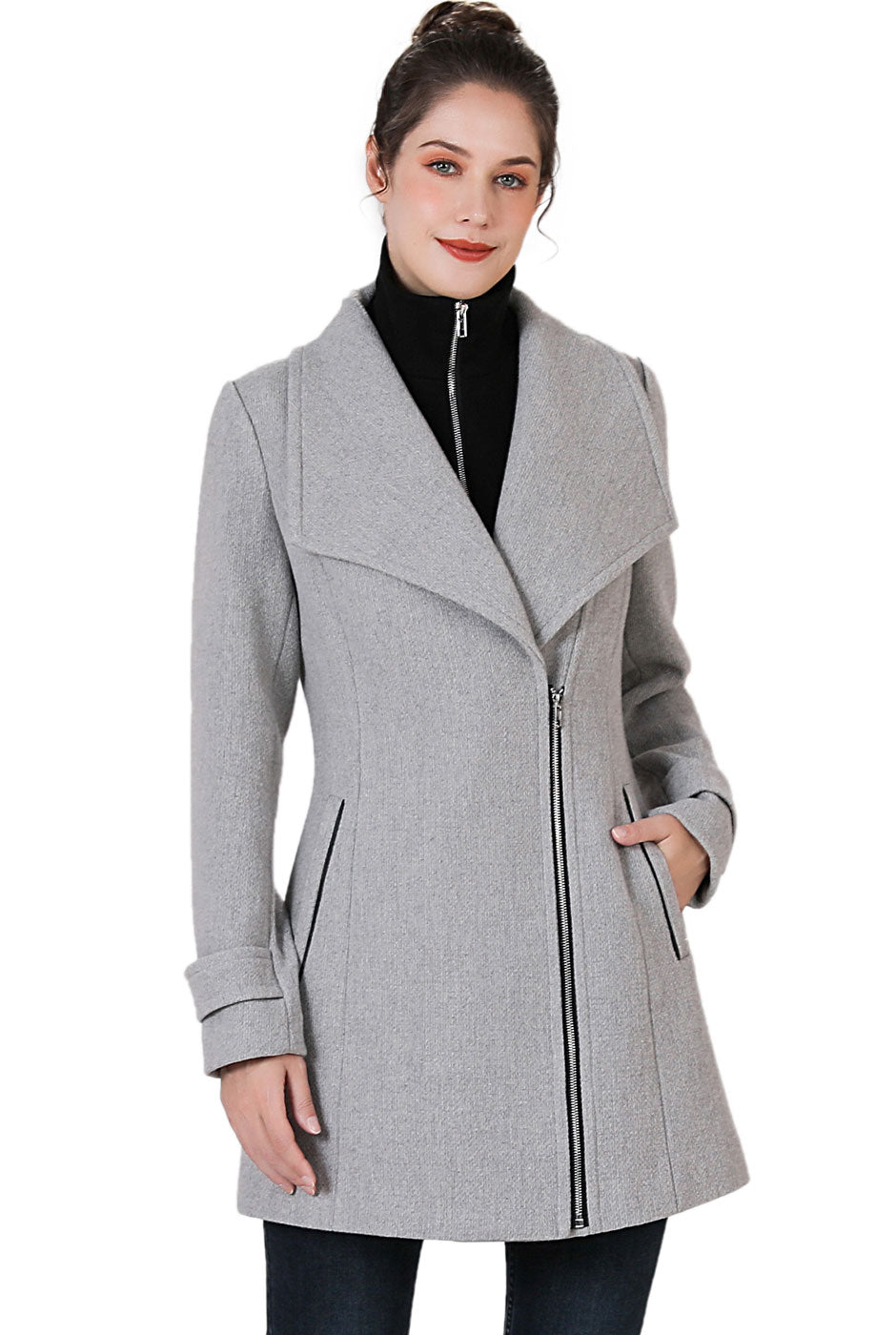 BGSD Women Noa Wool Asymmetric Zipper Coat with Removable Bib