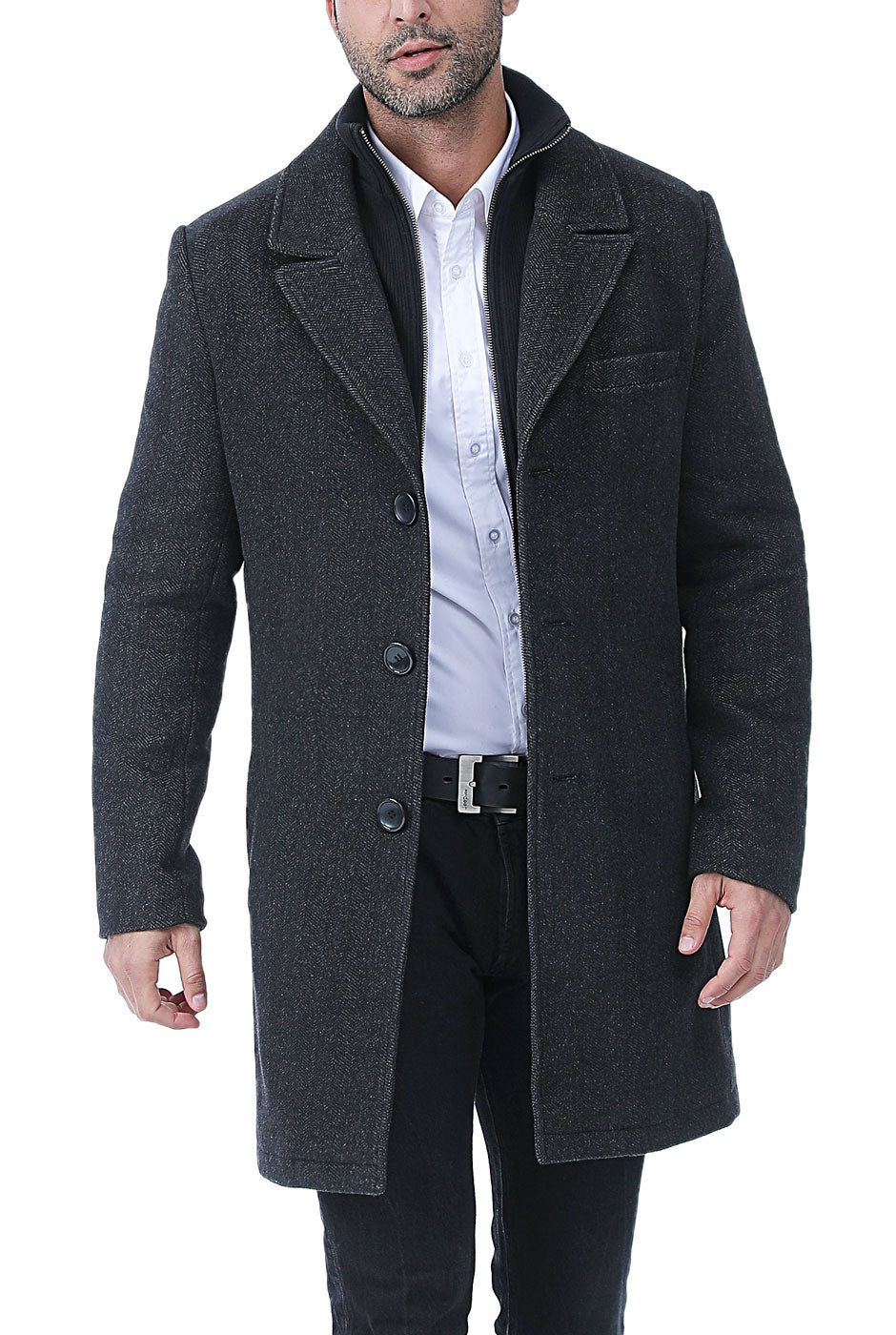 BGSD Men Leon Herringbone Wool Blend Coat with Removable Bib