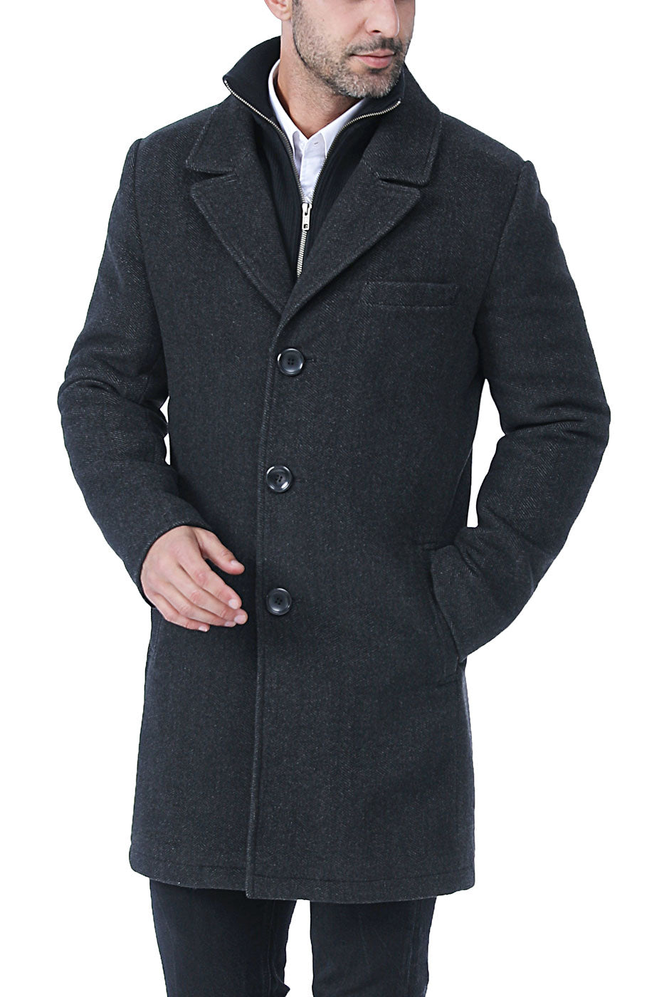 BGSD Men Leon Herringbone Wool Blend Coat with Removable Bib