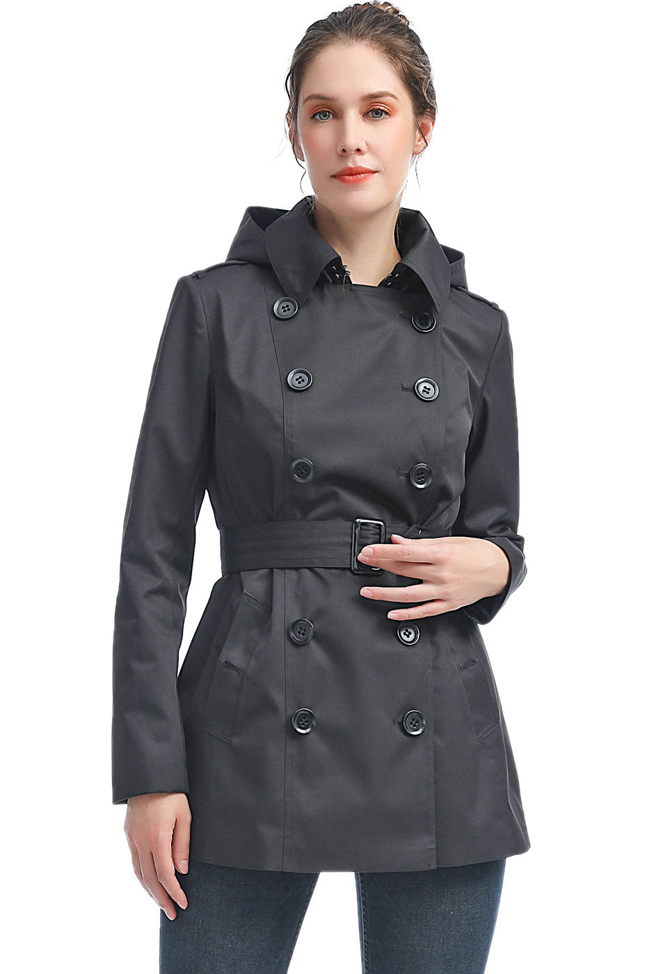 Ladies short on sale black trench coat