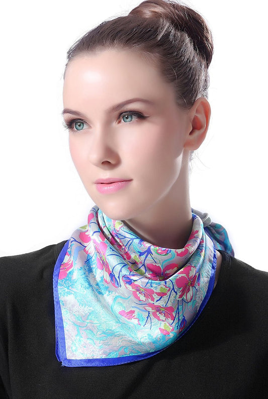 Luxury Lane Women's "Blue, Turquoise & Pink Cherry Blossom" Silk Square Scarf