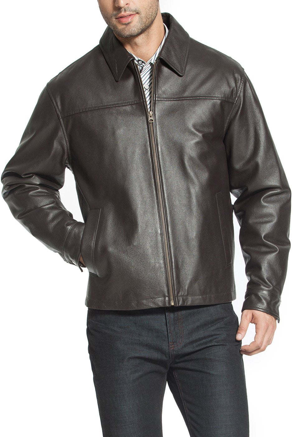 BGSD Men Greg Open Bottom Zip Front Leather Jacket