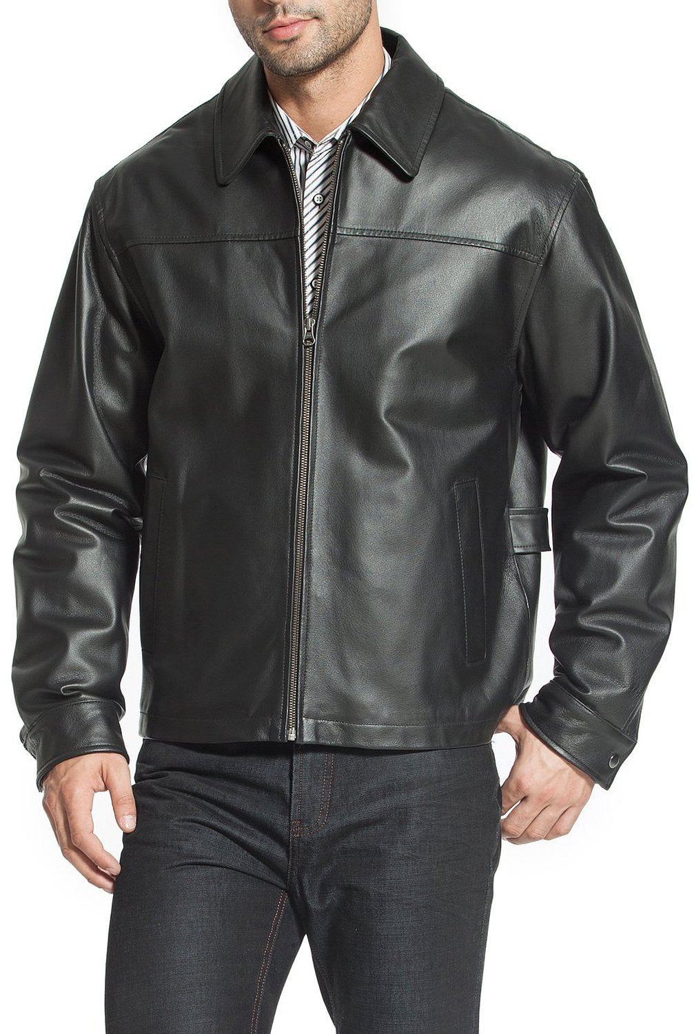 BGSD Men Greg Open Bottom Zip Front Leather Jacket