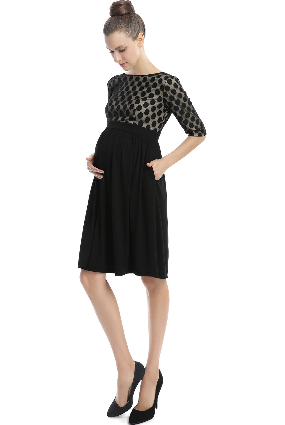 Kimi + Kai Maternity "Charlie" Polka Dot Lace Top Empire Waist Dress