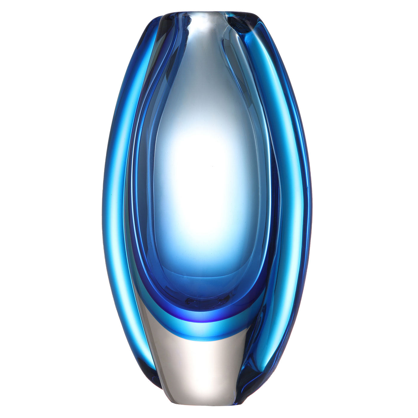 Hand Blown Sommerso Oval Art Glass Vase - Blue 8.5-10 inch tall