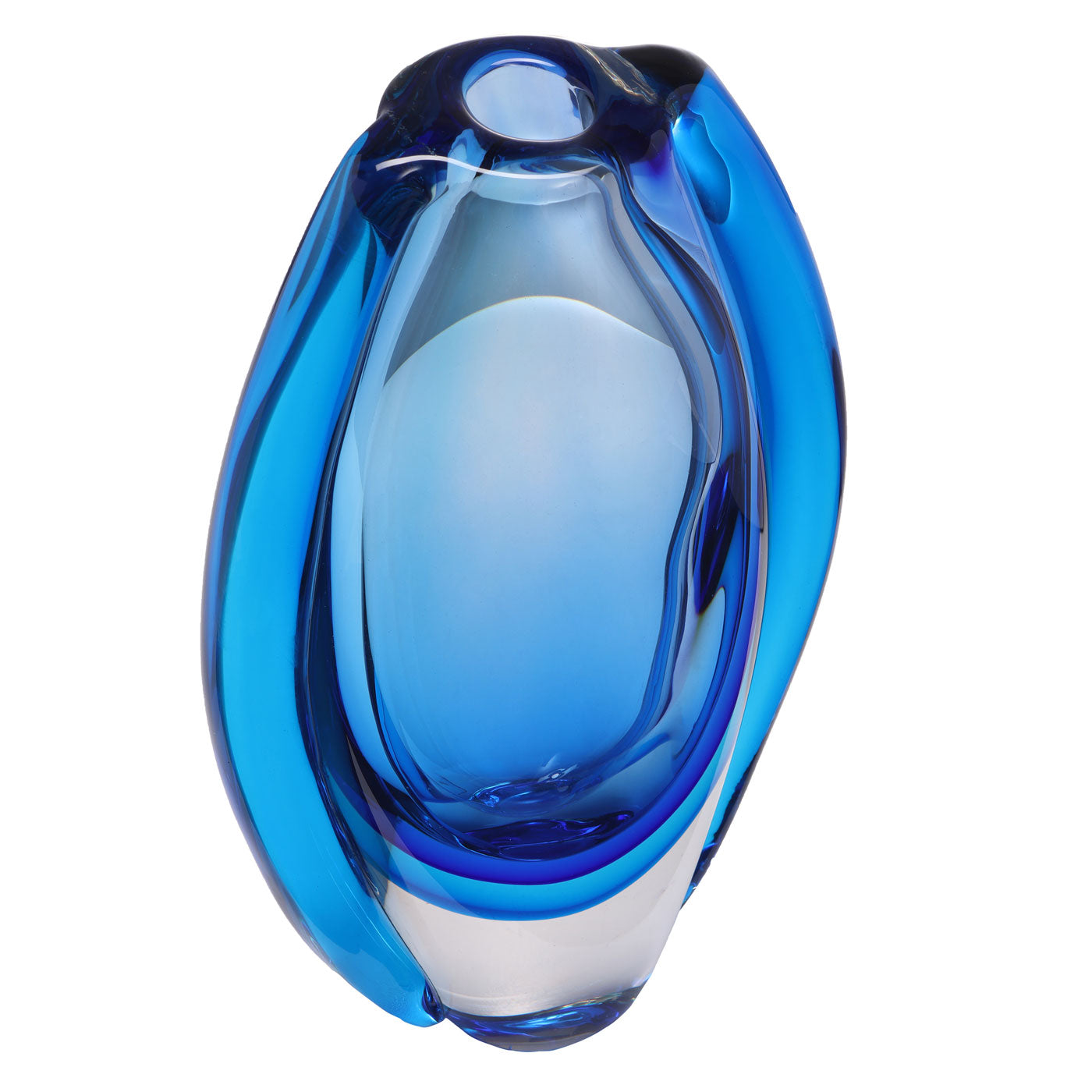 Hand Blown Sommerso Oval Art Glass Vase - Blue 8.5-10 inch tall