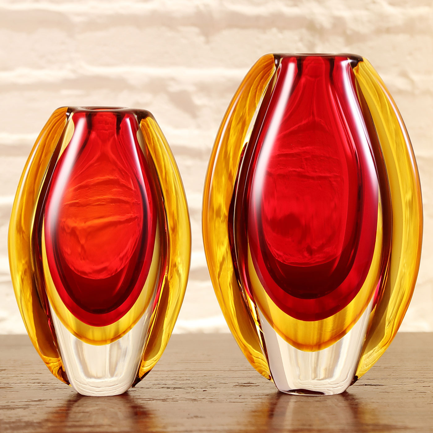 Hand Blown Sommerso Oval Art Glass Vase Red 8.5 10 inch tall
