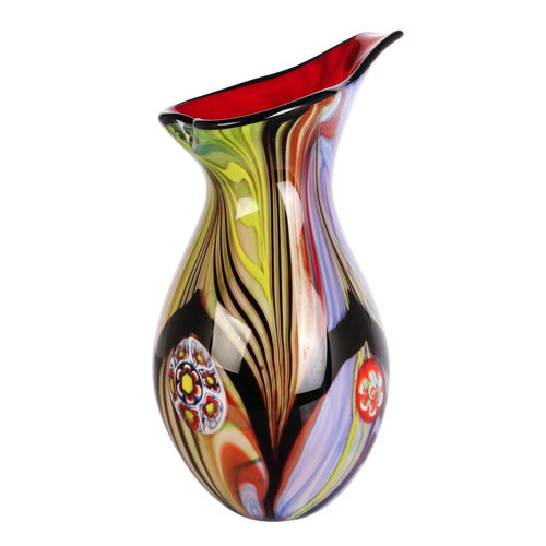 Hand Blown Abstract Teardrop Art Glass Vase with Angled Lip 13.5 inch tall