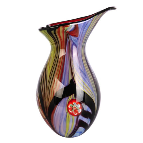 Hand Blown Abstract Teardrop Art Glass Vase with Angled Lip 13.5 inch tall