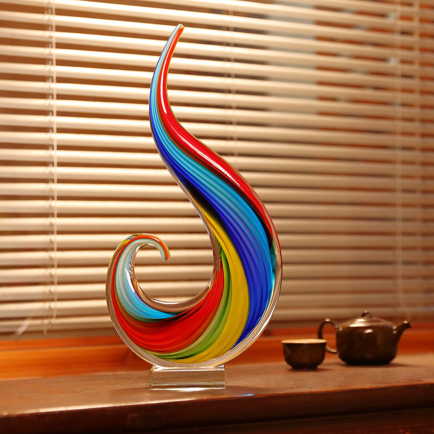 Hand Blown Rainbow Swirl Sommerso Art Glass Sculpture 15 inch tall